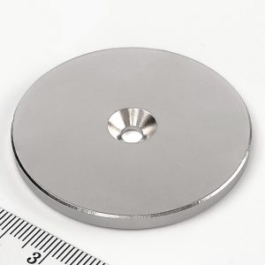 Cilindru magnet de neodim 50x4 mm cu gaura M4 (polul nord pe partea cu gol) - N35