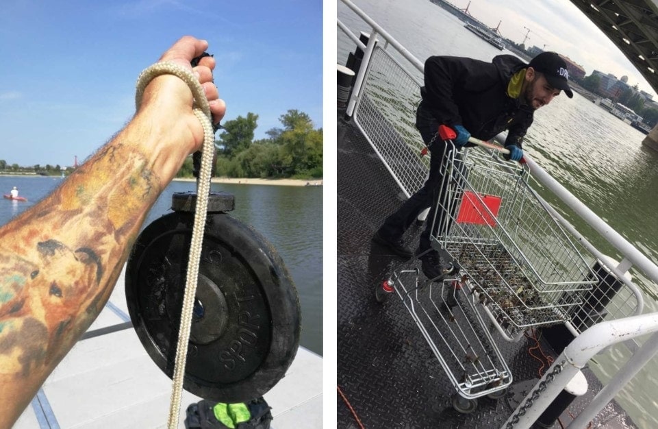pescuit cu magnet - greutăți și cărucior de cumpărături găsite în râu