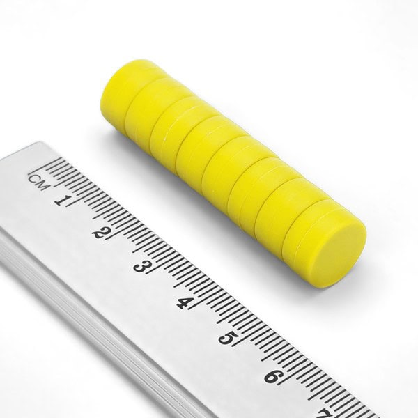 Magnet neodim cilindru 12,7×6,4 mm – N35 în plastic, galben - imagine 2