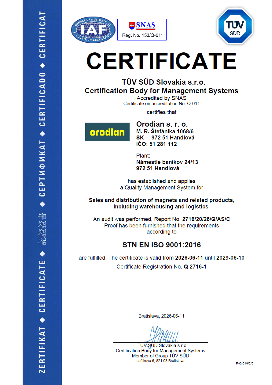 Certificat ISO 9001:2016 emis pentru Orodian s. r. o.