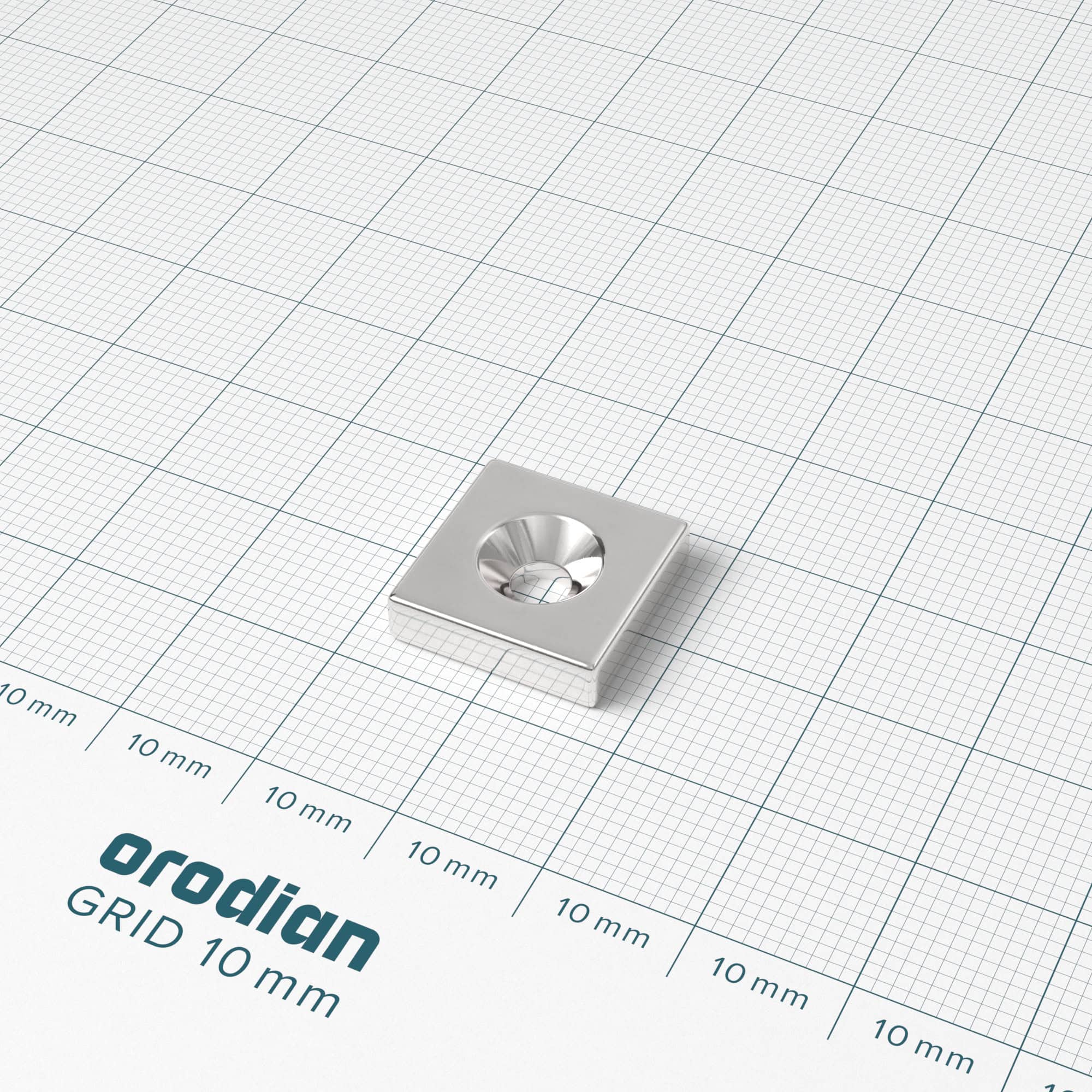 Magnet neodim bloc 15×15×4 mm cu gaură M4 (polul nordic pe partea cu adâncitură) – N38 - imagine 2