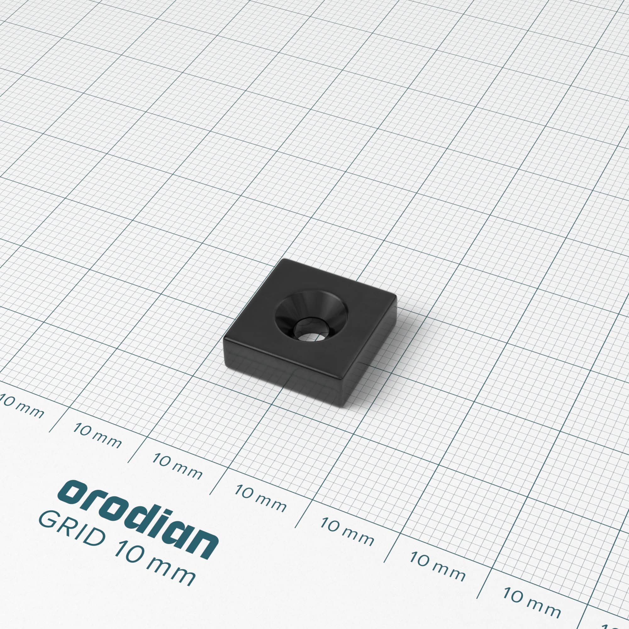 Magnet neodim bloc 15×15×5 mm cu gaură M4 (polul nordic pe partea cu adâncitură) epoxidic – N42 - imagine 2