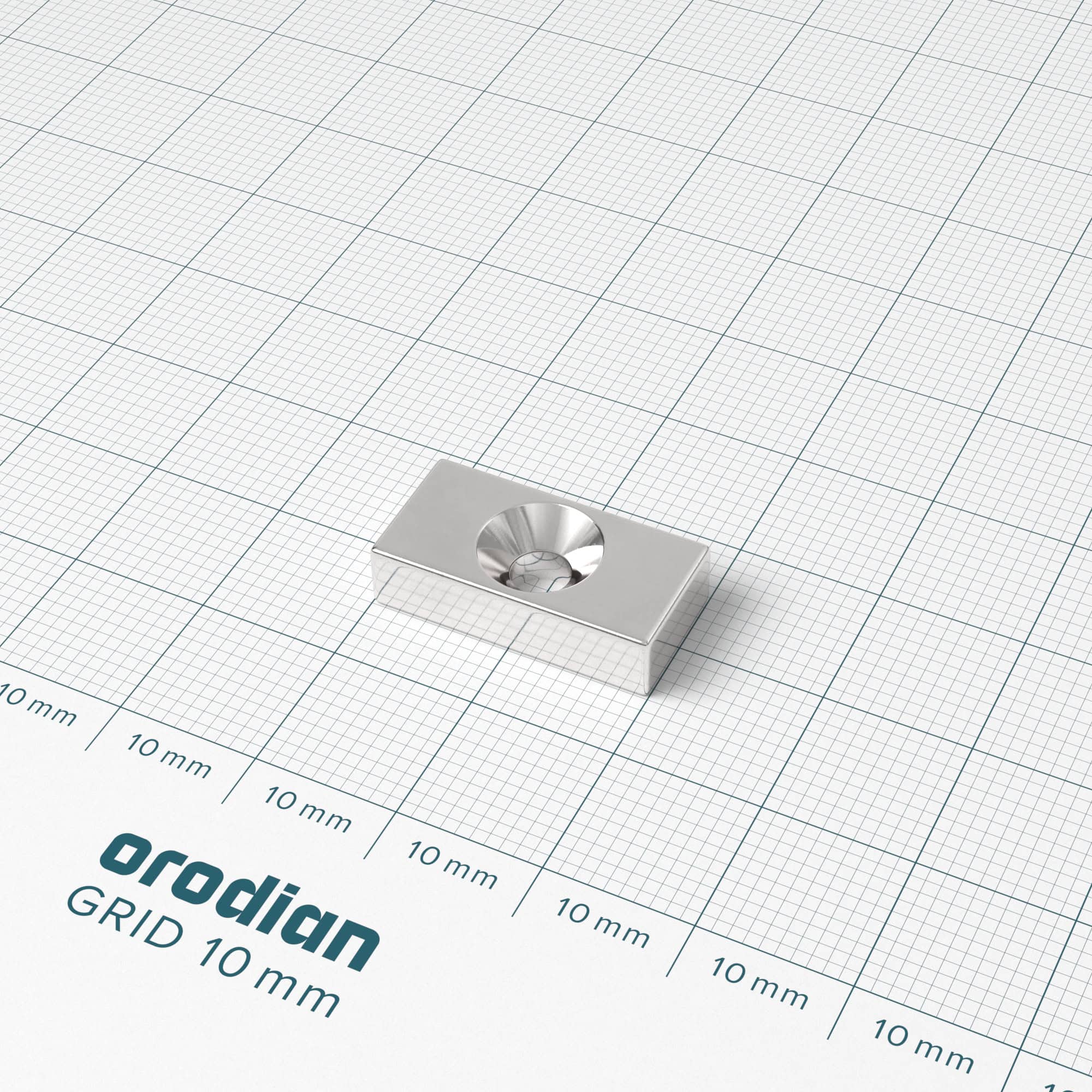 Magnet neodim bloc 20×10×5 mm cu gaură M4 (polul sudic pe partea cu adâncitură) – N38 - imagine 2