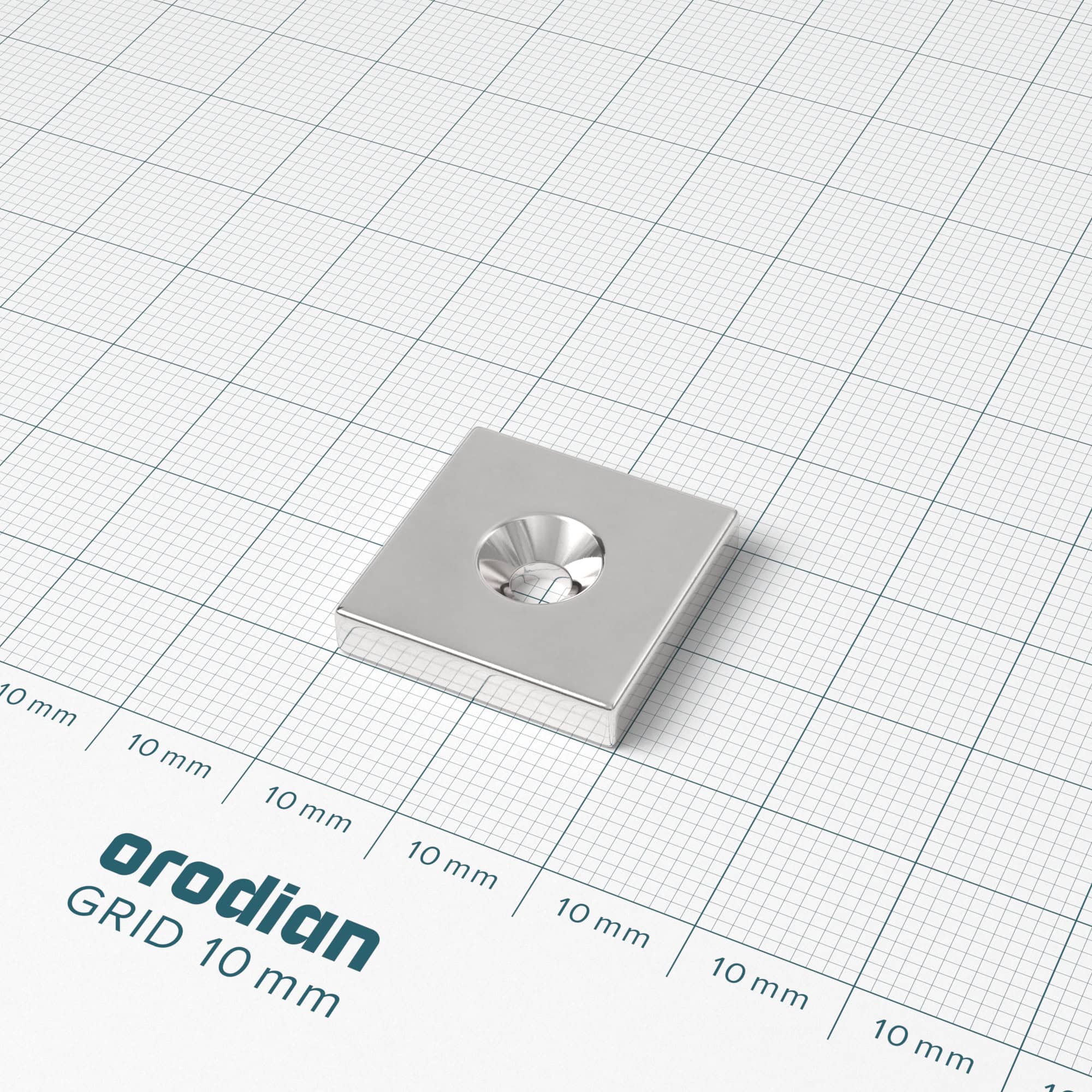 Magnet neodim bloc 20×20×4 mm cu gaură M4 (polul nordic pe partea cu adâncitură) – N38 - imagine 2