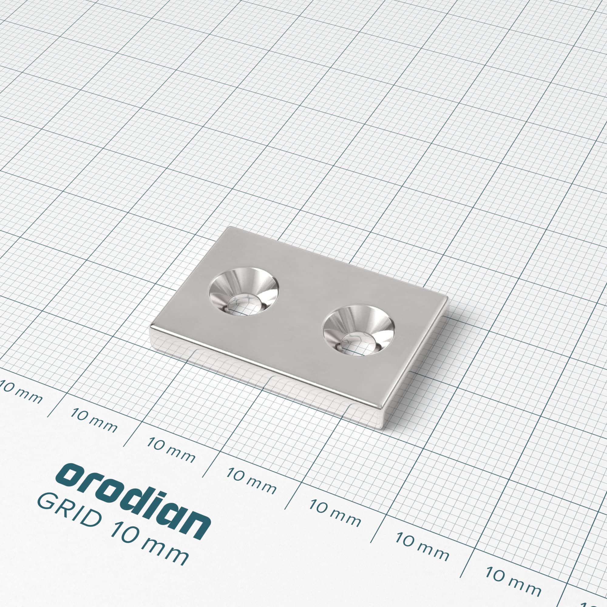 Magnet neodim bloc 30×20×4 mm cu 2 găuri M4 (polul nordic pe partea cu adâncituri) – N38 - imagine 2