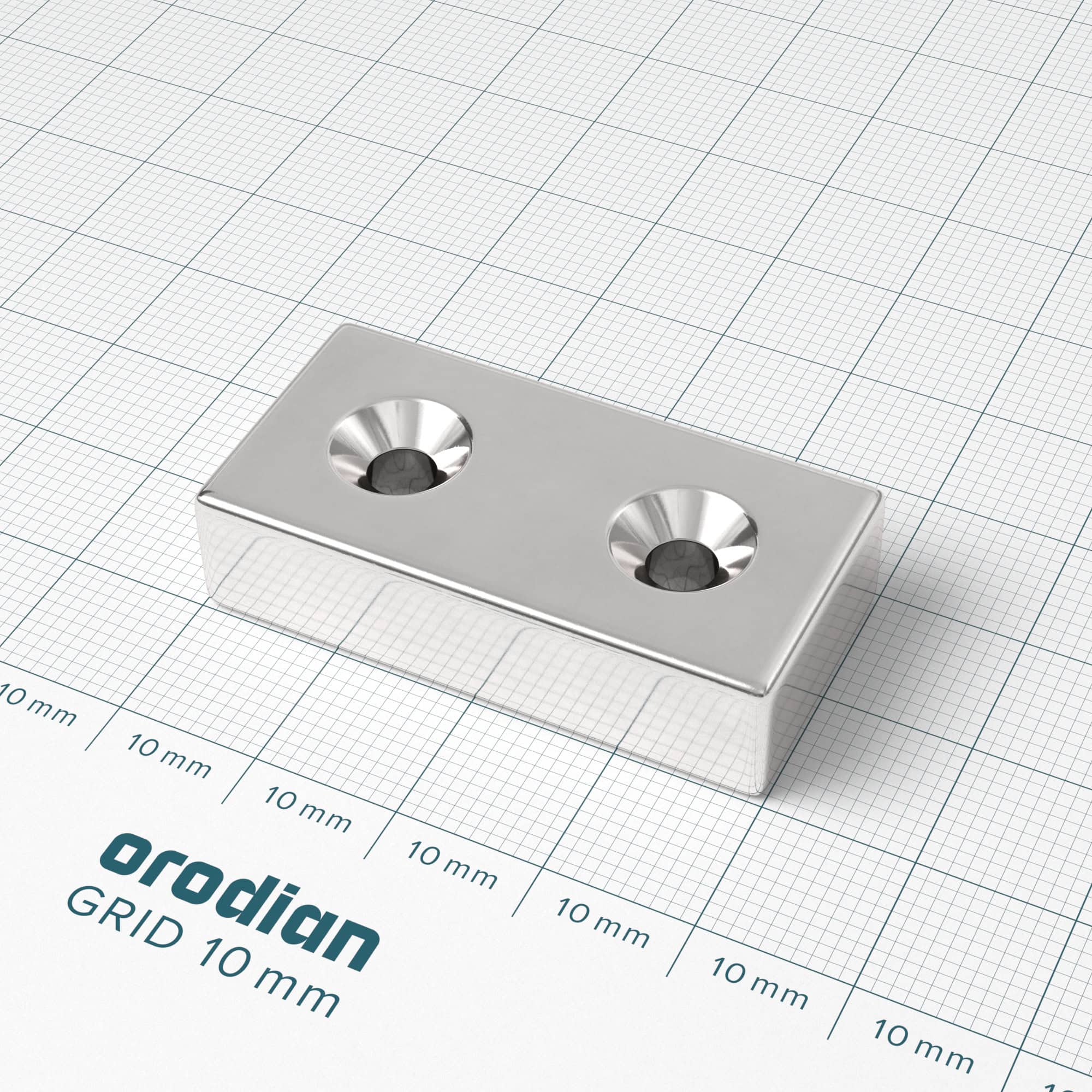 Magnet neodim bloc 40×20×10 mm cu 2 găuri față-verso – N38 - imagine 2