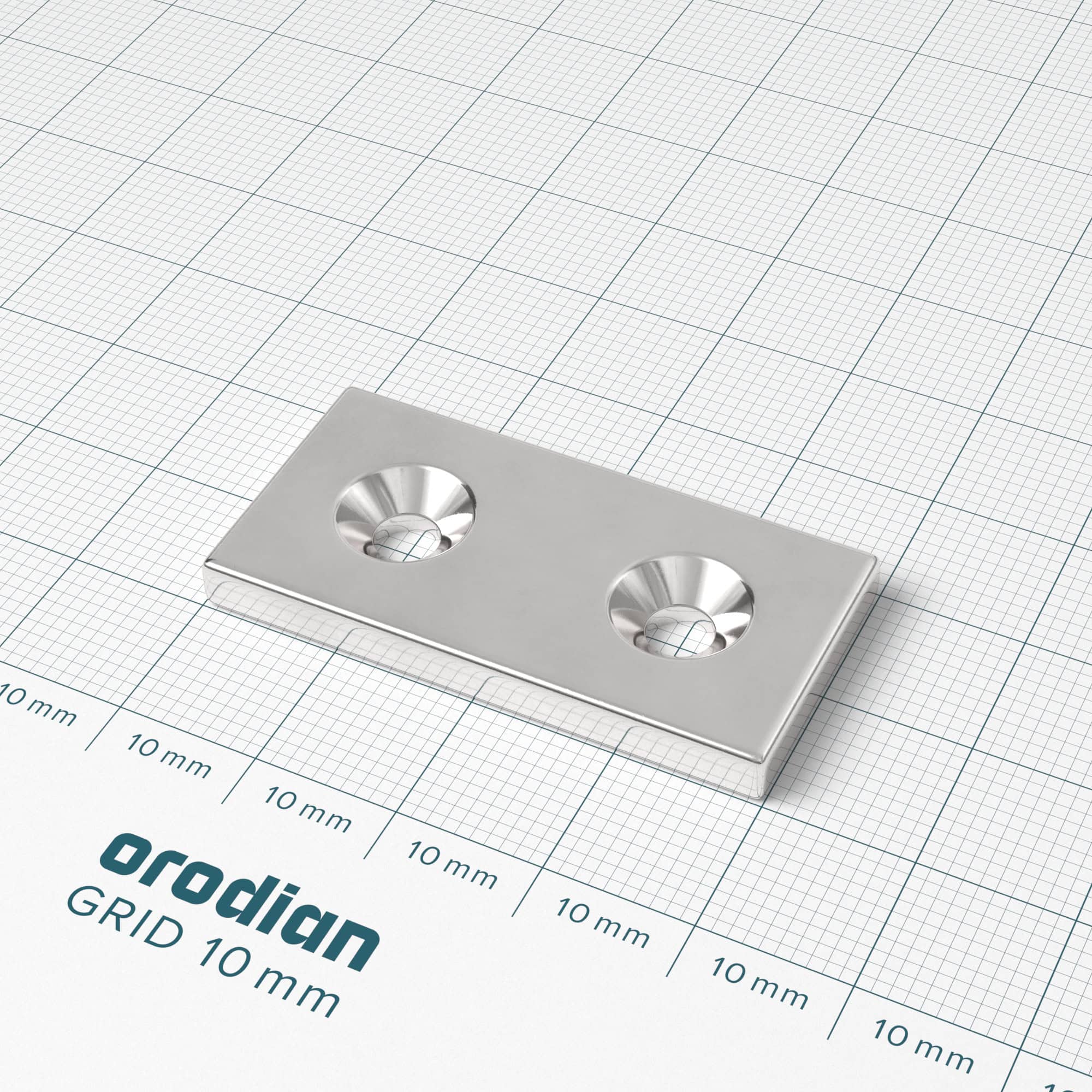 Magnet neodim bloc 40×20×4 mm cu 2 găuri M4 (polul sudic pe partea cu adâncituri) – N38 - imagine 2