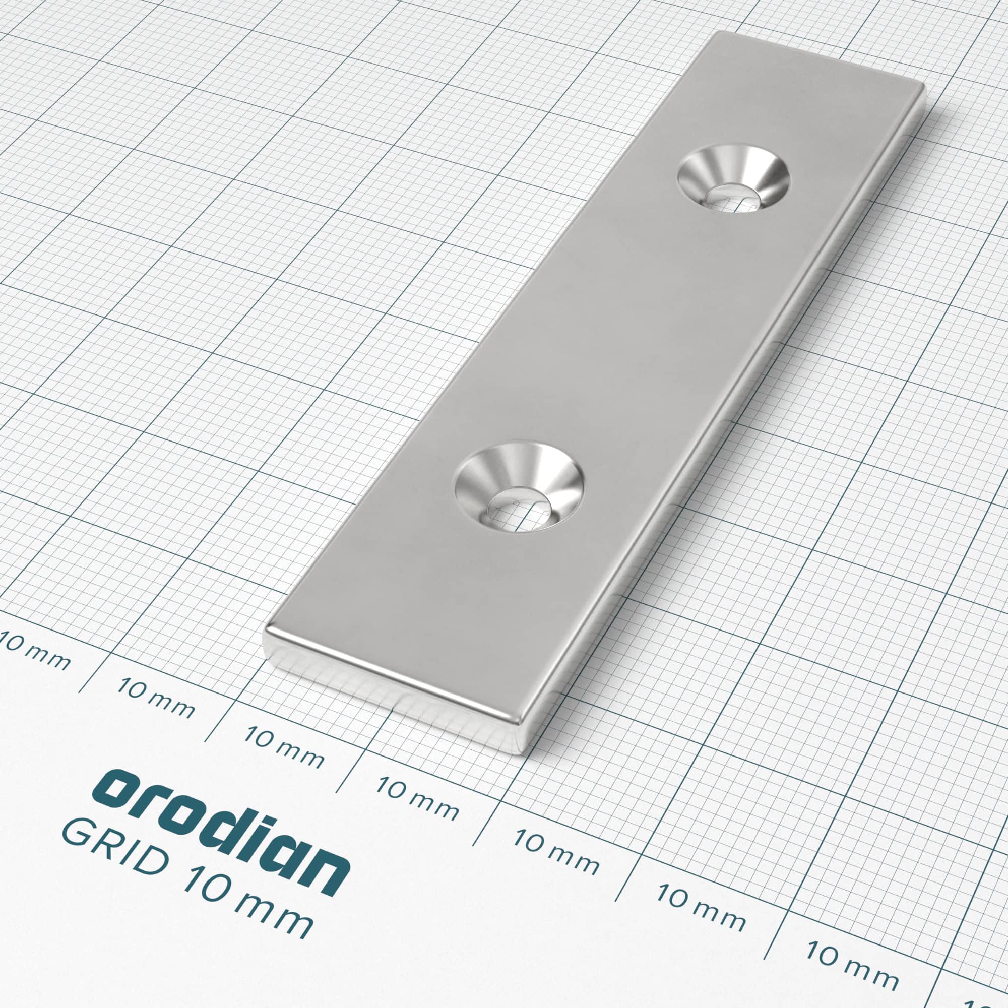 Magnet neodim bloc 80×20×4 mm cu 2 găuri M4 (polul sudic pe partea cu adâncituri) – N38 - imagine 2
