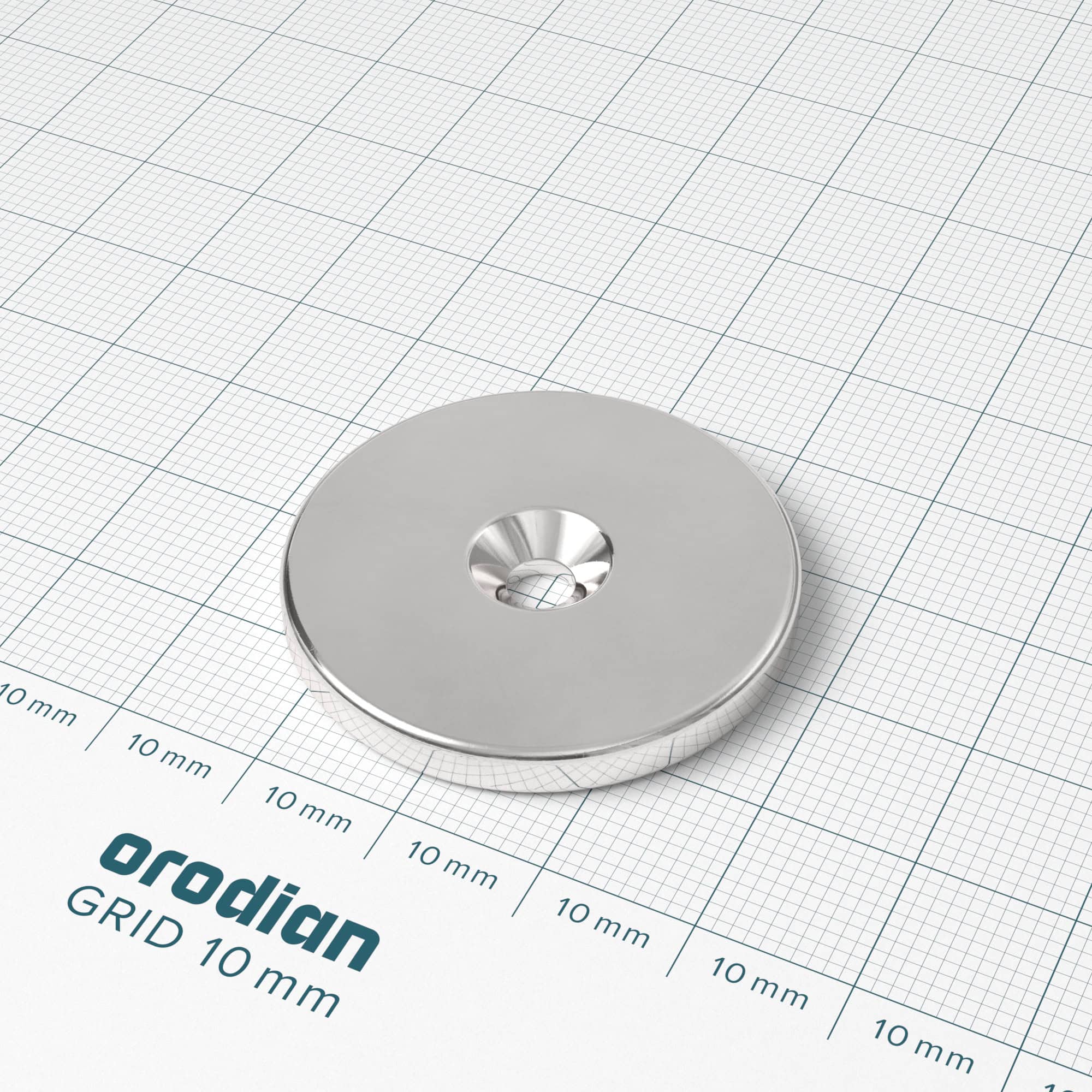 Magnet neodim cilindru 34×4 mm cu gaură M4 (polul nordic pe partea cu adâncitură) – N38 - imagine 2